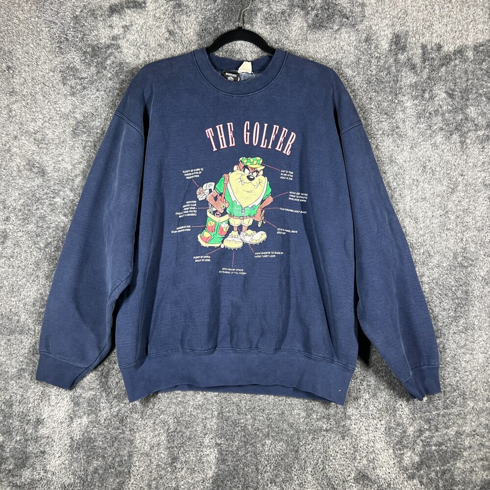 Vintage Looney Tunes Sweatshirt Mens XL Taz The Golfer Warner Bros Dark Blue